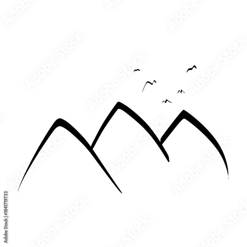 vector illustration of a flying bird, A minimalist, one-line landscape depicting three mountain peaks with a small flock of birds flying above them, ideal for travel and nature themes.