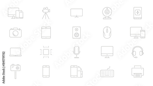 Electronics And Gadgets Line Icon Set. Technology Devices And Accessories Outline Symbol Collection. Computers, Cameras, Smartphones, And Audio Equipment. Editable Stroke. Isolated Vector Illustration