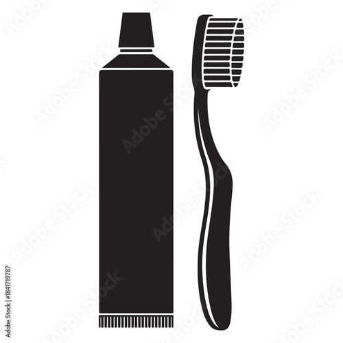 Black silhouette of toothpaste tube and toothbrush on isolated