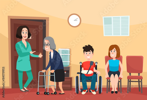 Nurse welcoming patients in hospital waiting room