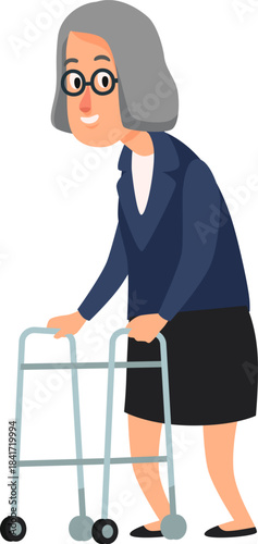 Smiling senior woman using a medical walker for support