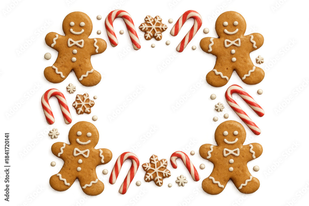 Naklejka premium Gingerbread men and candy canes forming a festive holiday frame, christmas cookies and sweets on transparent background