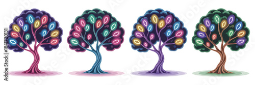 Set of four magical glowing trees with colorful neon leaves and thick intertwined roots. enchanting fantasy forest plants with bright light