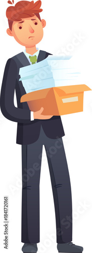 Businessman holding box of documents feeling overwhelmed