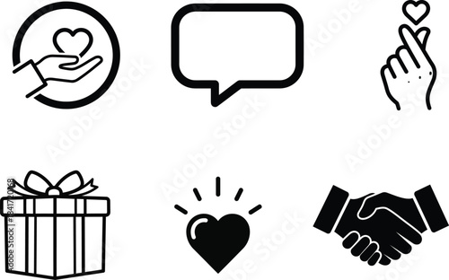 A comprehensive collection of black line art icons illustrating concepts of love communication business and social interaction in a modern flat design style perfect for web and app design
