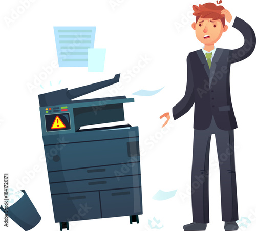 Businessman experiencing printer paper jam malfunction