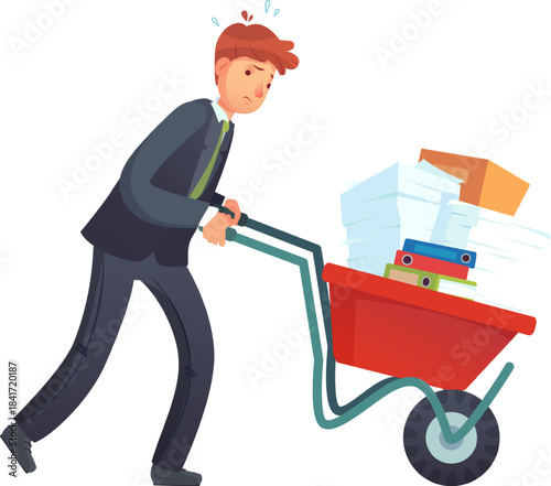 Businessman pushing wheelbarrow full of office workload
