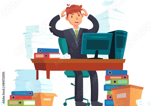 Businessman feeling overwhelmed with office work and stress