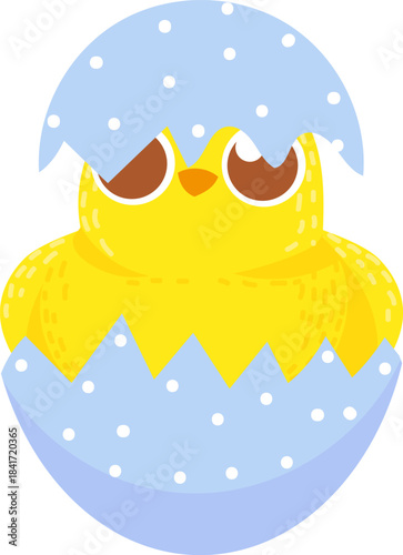 Easter chick bursting from a spotted eggshell