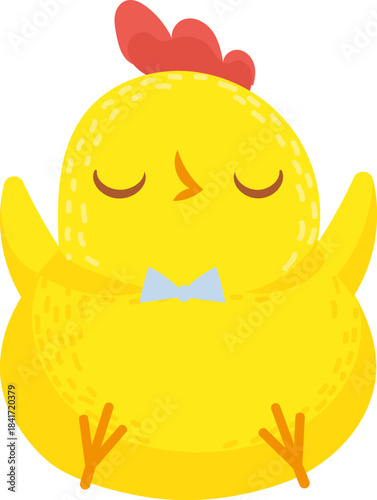 Yellow chick character meditating with bow tie