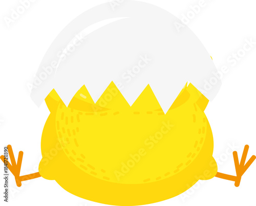 Yellow cartoon chick emerging from broken eggshell