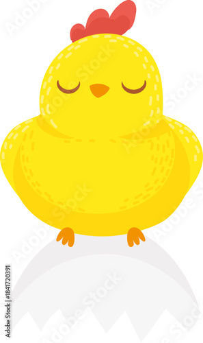 Cute yellow sleeping chick hatching from eggshell