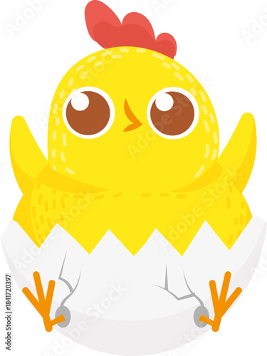 Cute yellow chicken hatching smiling from eggshell