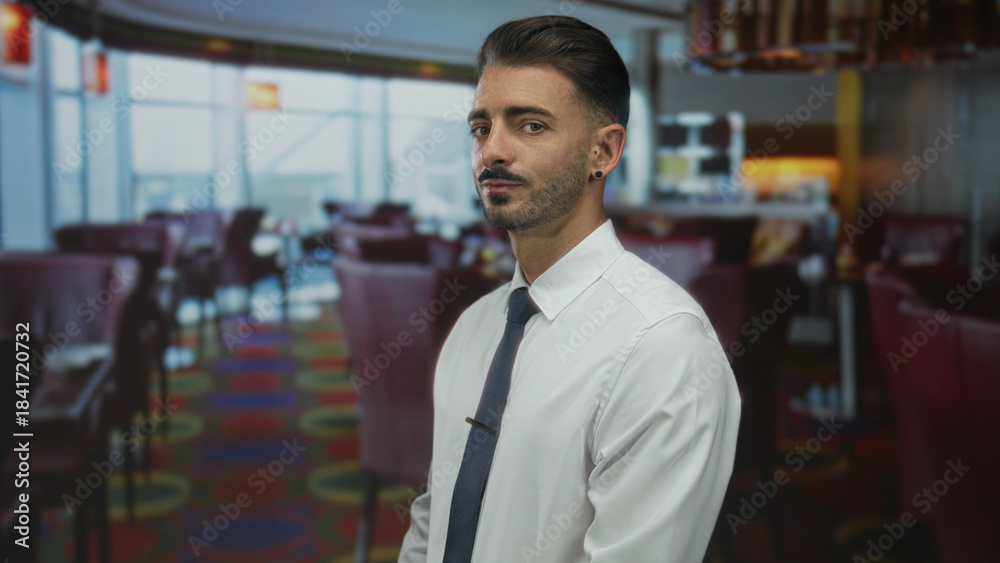 Fototapeta premium Man with visible face wearing white shirt and blue tie looks at camera in restaurant building; confidence focus determination ambition.