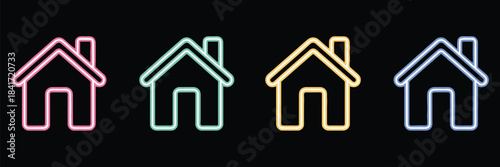 Set of four simple outline house icons in pink, green, yellow, and blue, representing real estate, home ownership, or property concepts on black background