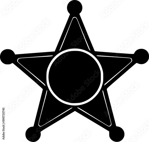 Sheriff star silhouette. This image features a classic five-pointed sheriff badge, representing law enforcement, authority, Western justice, and official insignia. Vector clipart illustration design.