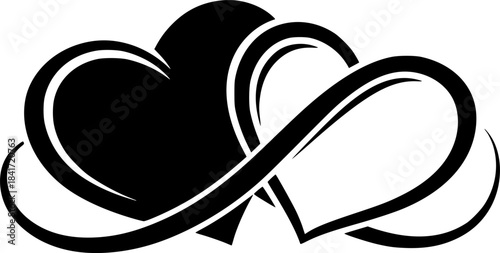 Infinity heart silhouette. This image shows two hearts intertwined to form an infinity symbol, representing eternal love, connection, and unity. Vector clipart black illustration design