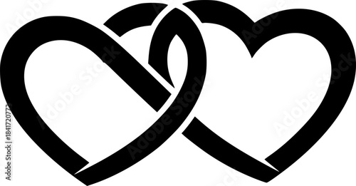 Infinity heart silhouette. This image shows two hearts intertwined to form an infinity symbol, representing eternal love, connection, and unity. Vector clipart black illustration design