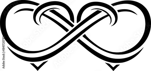 Infinity heart silhouette. This image shows two hearts intertwined to form an infinity symbol, representing eternal love, connection, and unity. Vector clipart black illustration design
