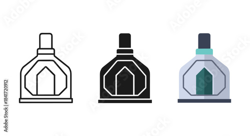 Luxury perfume bottle vector icon set featuring outline solid and colored flask with architectural details