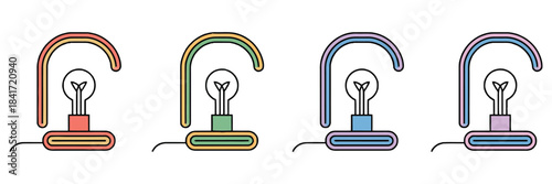 Set of four colorful table lamps with light bulbs, vibrant desk lighting in red green blue and purple, modern home office illumination, creative interior design elements on transparent background