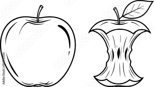 A whole apple sits near a bitten apple core with a leaf
