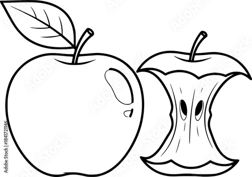 A whole apple sits near a bitten apple core with a leaf
