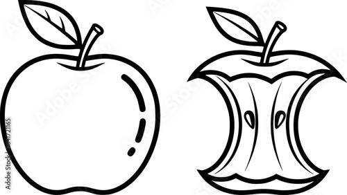 A whole apple sits near a bitten apple core with a leaf
