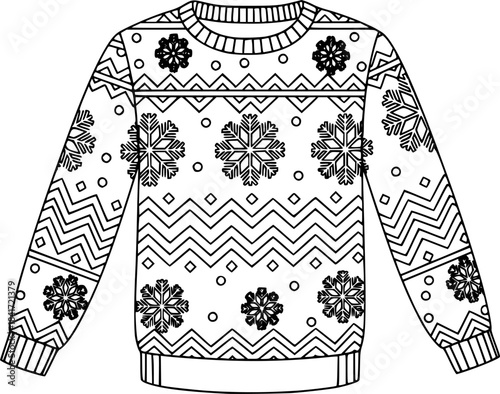Outline of a Winter Holiday Ugly Christmas Sweater with Snowflakes and Zigzags Design
