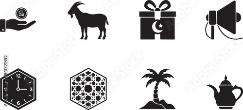 Diverse Islamic Culture and Middle Eastern Travel Icons Vector Set: Featuring Zakat, Qurban, Eid Gift, Arabic Teapot, Mosque Pattern, and Tropical Palm Silhouette.