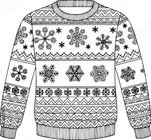 Outline of a Winter Holiday Ugly Christmas Sweater with Snowflakes and Zigzags Design
