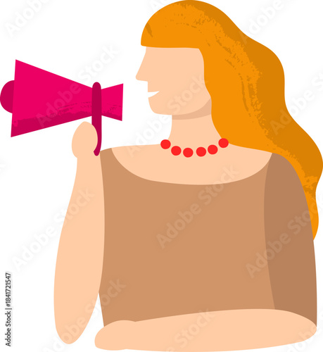 Woman announcing important news using pink megaphone