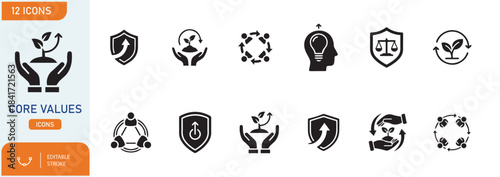 Core Values Icon Set And Art. featuring innovation, goals, responsibility, integrity, customers, commitment, quality, teamwork, reliability, vision, inclusion. perfect flat icons collection  vector 