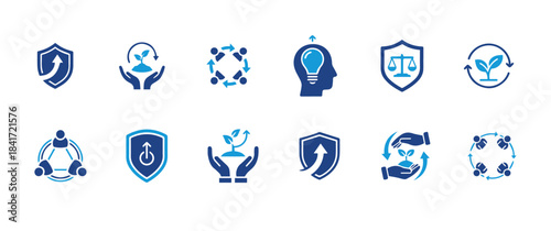 Core Values Icon Set And Art. featuring innovation, goals, responsibility, integrity, customers, commitment, quality, teamwork, reliability, vision, inclusion. perfect flat icons collection  vector 