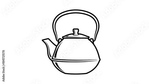Minimalist black-and-white line art teapot icon with handle, spout and lid (outline vector illustration)