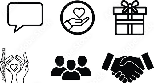 A vector icon set featuring essential communication social generosity and business partnership symbols for diverse digital projects
