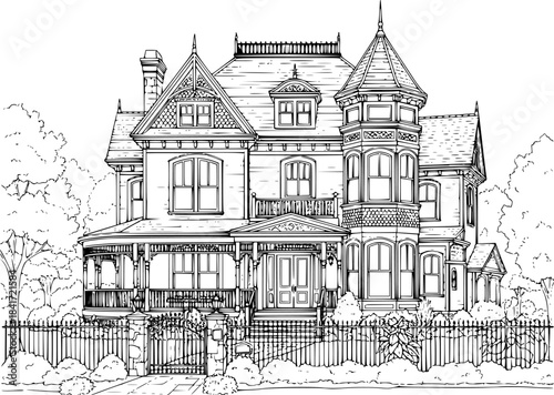 Detailed black and white illustration of a grand victorian style residential home
