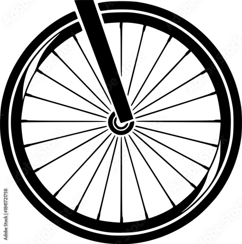 Black and white illustration of a bicycle wheel perfect for designs related to cycling and sport
