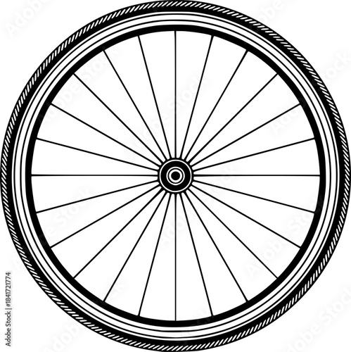 Black and white illustration of a bicycle wheel perfect for designs related to cycling and sport
