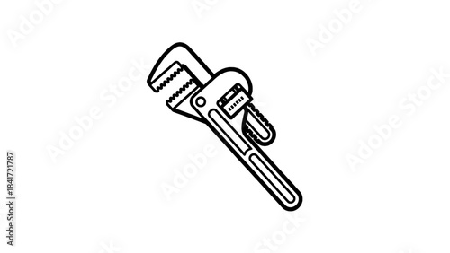 Line-art icon of an adjustable pipe wrench with a fixed wrench, black outline vector illustration