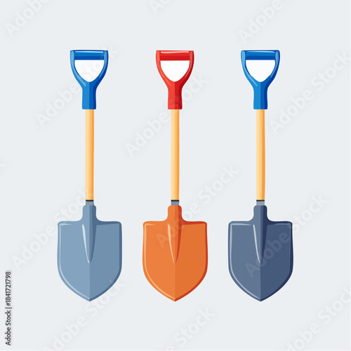 Three colorful shovels arranged in a row on a plain background.