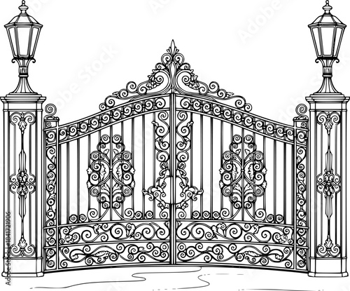 Elegant vector illustration of ornate wrought iron gate with detailed lamp posts and design
