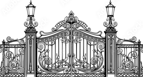 Elegant vector illustration of ornate wrought iron gate with detailed lamp posts and design
