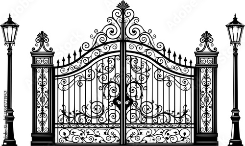 Elegant vector illustration of ornate wrought iron gate with detailed lamp posts and design
