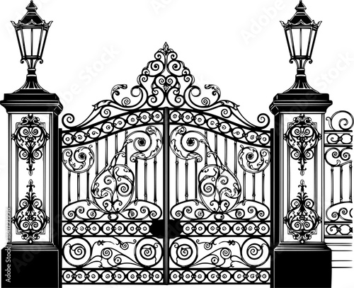 Elegant vector illustration of ornate wrought iron gate with detailed lamp posts and design
