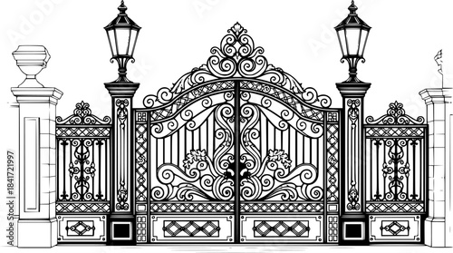 Elegant vector illustration of ornate wrought iron gate with detailed lamp posts and design
