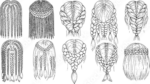 Vector illustration collection depicting various braided hairstyle styles for women in black and white outlines
