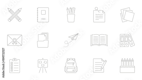 School And Office Supplies Line Icon Set. Educational Tools And Stationery Outline Symbol Collection. Notebooks, Pencils, Folders, And Backpacks. Editable Stroke. Isolated Vector Illustration