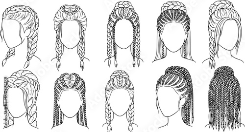 Vector illustration collection depicting various braided hairstyle styles for women in black and white outlines
