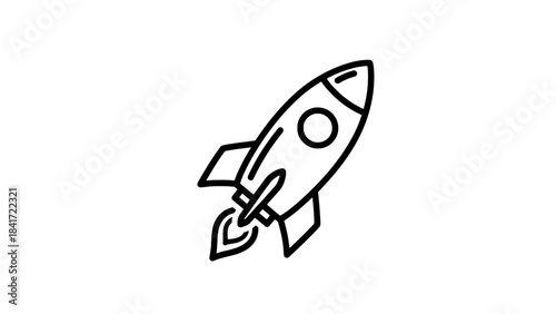 Minimalist outline rocket icon with flame – vector line art on white background